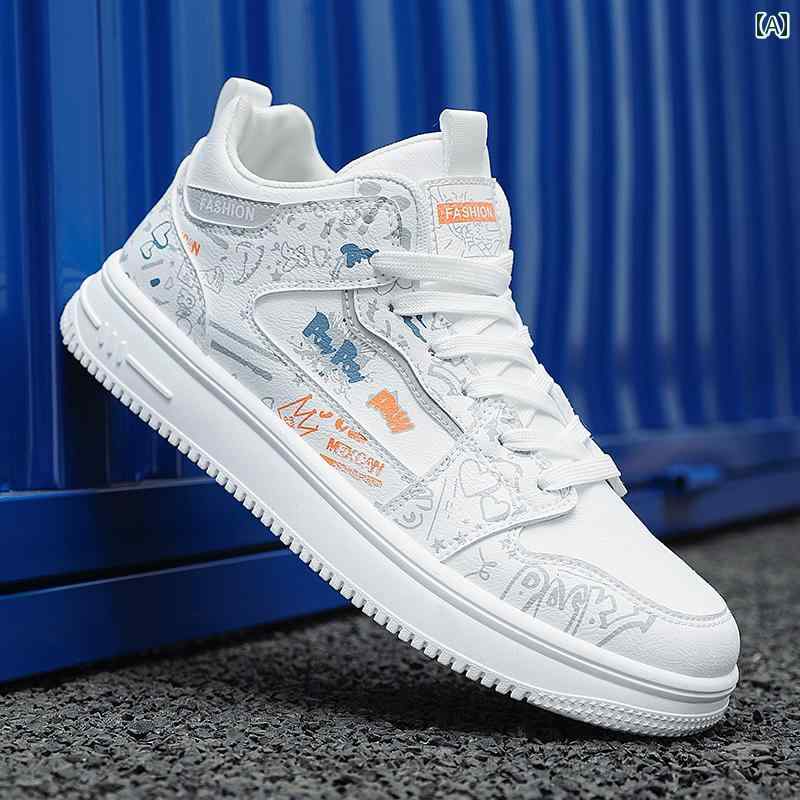 メンズ シューズ 秋 スニーカー メンズ スポーツ レジャー 中学生 ミディアム ホワイト シューズ 落書..