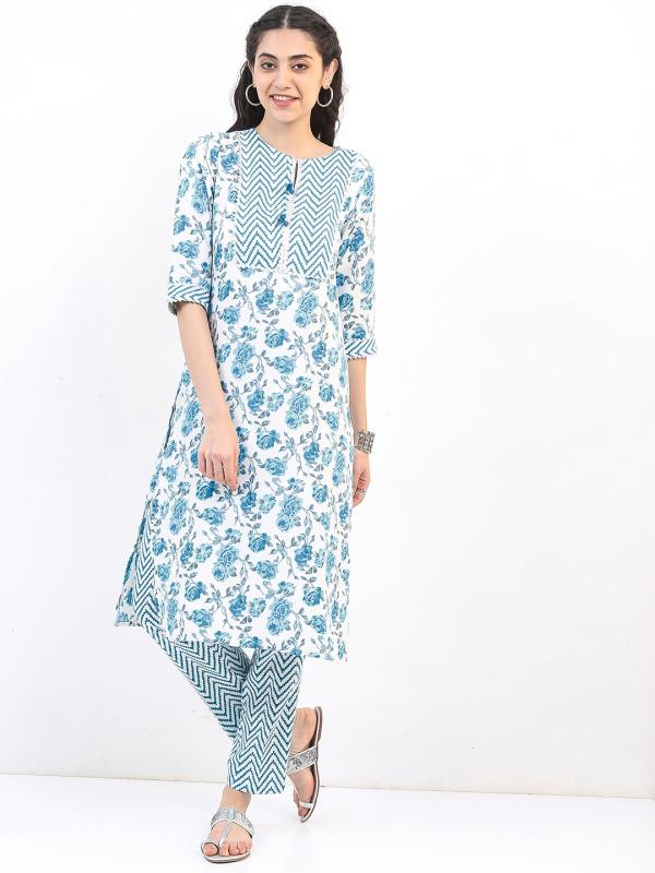 クルタ バンジャビ レディース エスニックファッション 民族衣装 2点セット 丈 カジュアル セット ブルー プリント ラウンドネック ポリエステル エキゾチック ゆったりシルエット シフォン