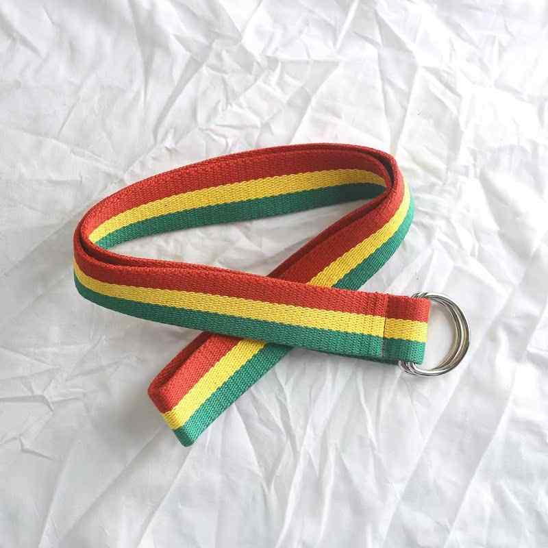 メンズ レディース ジャマイカ レゲエ ヒップホップ ヒップホップ 赤 黄緑 アウトドア スポーツ キャンバス ベルト ダブル リング バックルベルト かっこいい