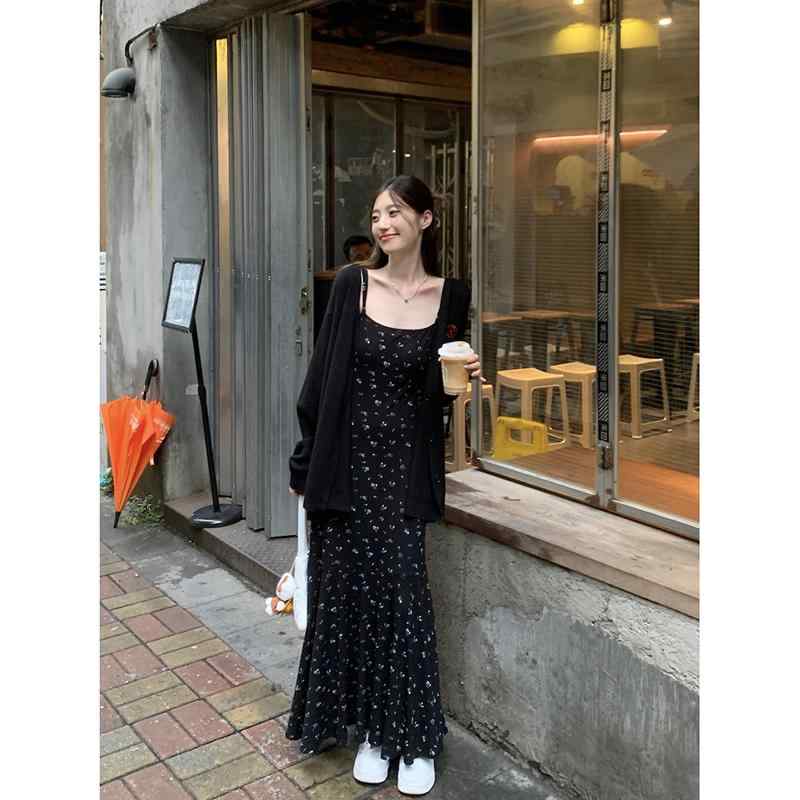 レディース かわいい 夏 黒 花柄 キャミソール ドレス フランス 丈 スカート フィッシュテール スカート ふんわり フレアスカート