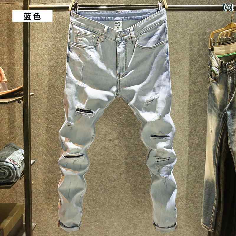 デニムパンツ メンズ カットスクラッチ ジーンズ ライトカラー スリム フィット アメリカ ストリート ..