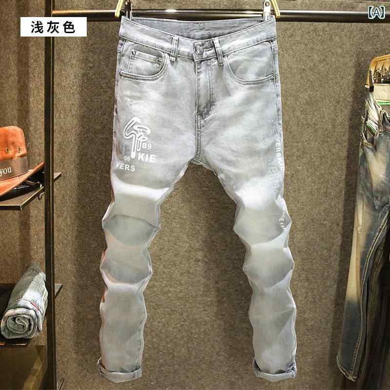 デニムパンツ オールシーズン ジーンズ メンズ スリム フィット パンツ グレー レター プリント 快適 メンズ ストレッチ デニム サンドブラスト 手洗い ロング