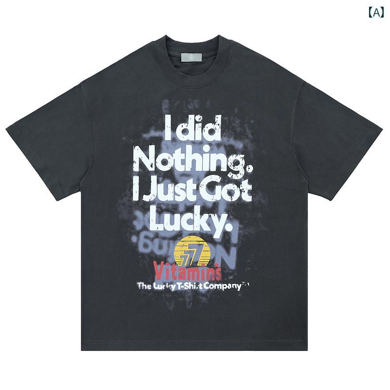 メンズ カジュアル おしゃれ 半袖Tシャツ アメリカ Lucky 777 ラッキー 文字 両面 プリント 綿 オーバーサイズ ゆったり 楽ちん