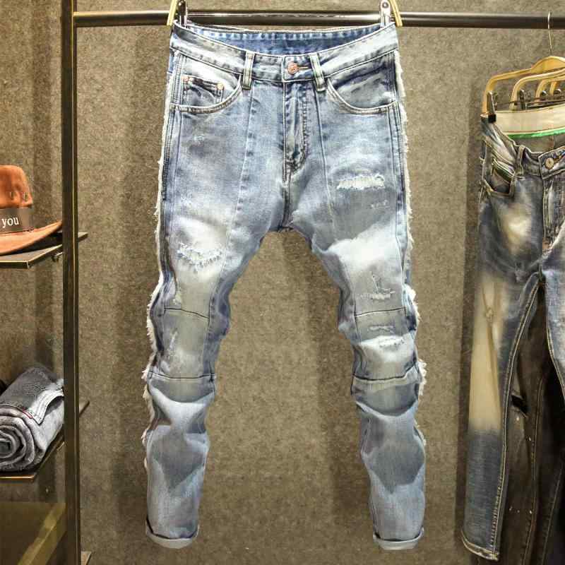 メンズ コットン ストレッチ デニム おしゃれ着 Gパン カジュアル ローエッジ メンズ ジーンズ スリムフィット パンツ ストリート ギャング ダメージ加工 パンツ