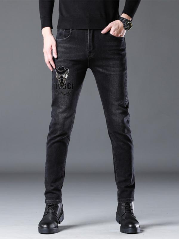 デニムパンツ 刺繍 ジーンズ メンズ スリム ストレッチ メンズ カジュアル ロング パンツ ストレッチ性 パンク おしゃれ かっこいい