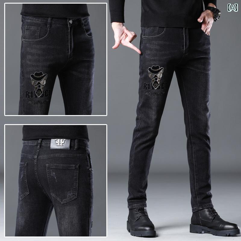 デニムパンツ 刺繍 ジーンズ メンズ スリム ストレッチ メンズ カジュアル ロング パンツ ストレッチ性 パンク おしゃれ かっこいい
