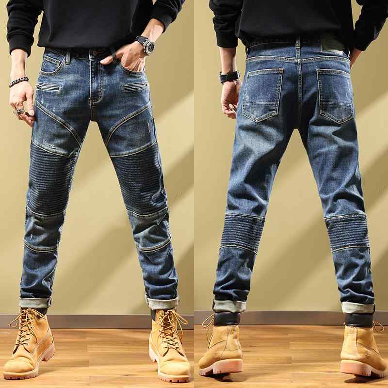 デニムパンツ メンズ おしゃれ着 Gパン カジュアル プリーツ ステッチ オートバイ ジーンズ スリムフィ..