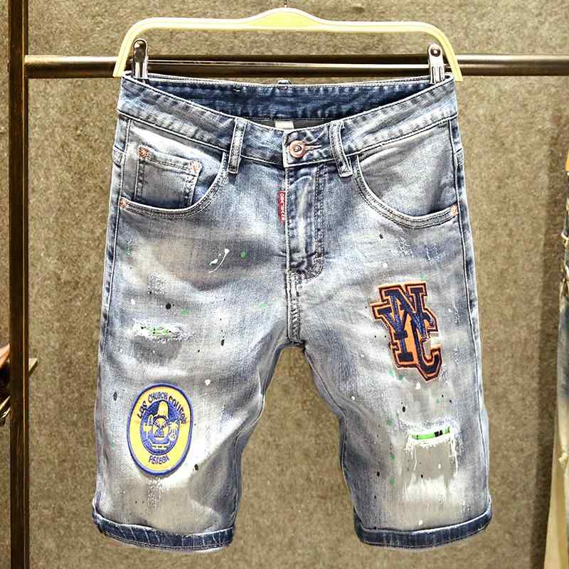 メンズ デニムショートパンツ おしゃれ カジュアル ペイント ドット バッジ 刺繍 ラベル スリム ストレート 5分丈パンツ ハーフパンツ