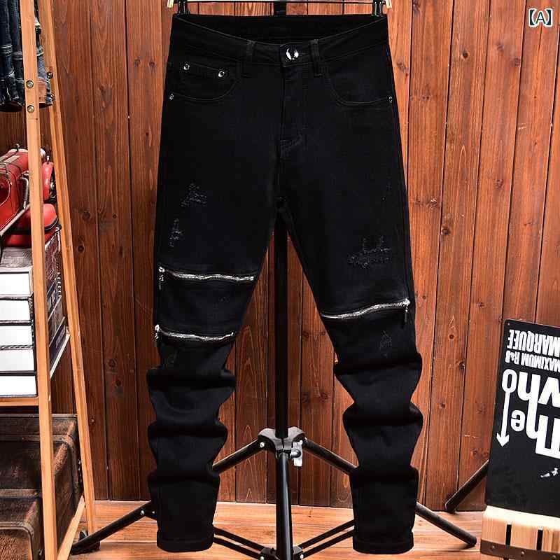 オールシーズン ジーンズ メンズ スリム フィット 韓国 ブラック ストレッチ カジュアル ファッション 長ズボン メンズ デニム ジッパー 穴 ロング