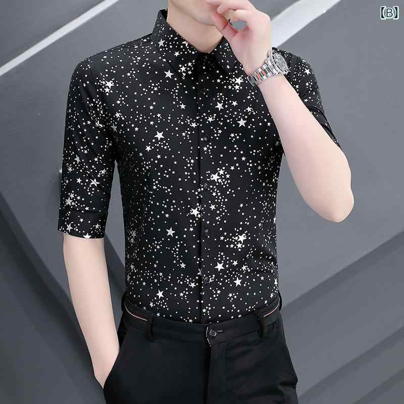 メンズ シャツ トップス スタイリッシュ おしゃれ Yシャツ 七分袖 夏 カジュアル アーバン スリム クール 休日 レジャー 紳士服