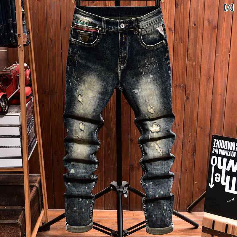 メンズ ジーンズ ホール パッチ スリム フィット パンツ デニム レトロ オールシーズン アンティーク加工 刺繍 ストレートレッグ
