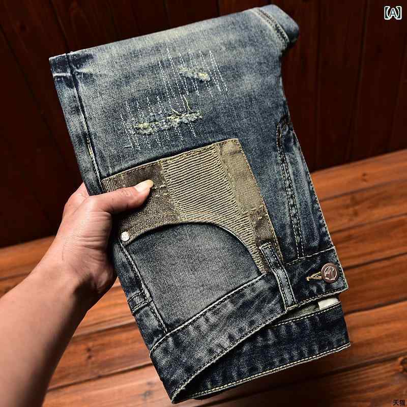 メンズ ジーンズ ホール パッチ ウォッシュド レトロ オールシーズン スリム ストレート カジュアル ストレッチ パンツ デニム ントラストカラー パッチ