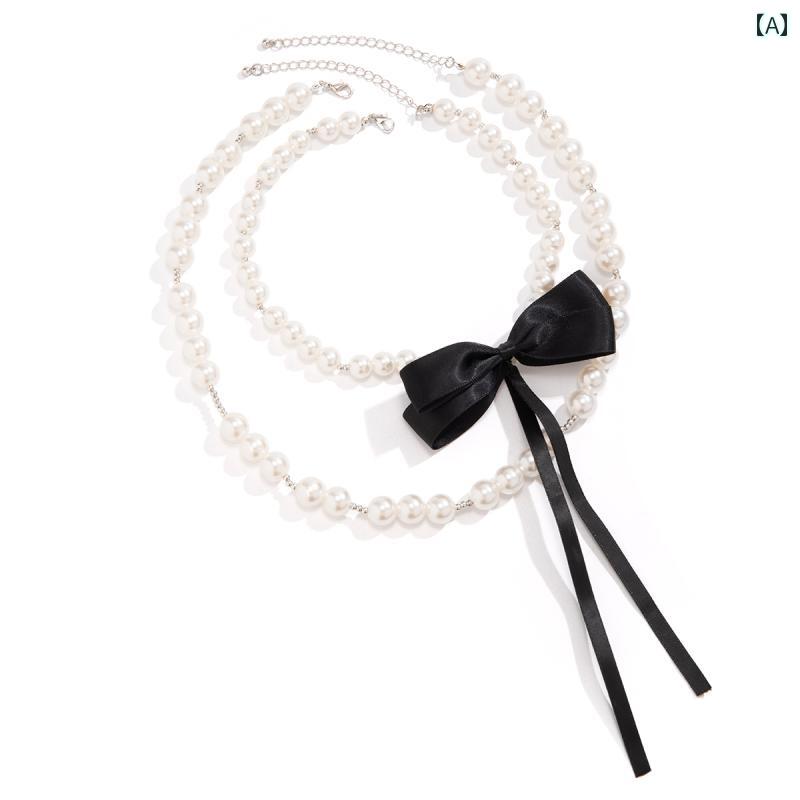ネックレス 2ピース リボン イミテーションパール ネックレス セット アメリカ レトロ エレガント 女の子 ショッピング デート アクセサリー