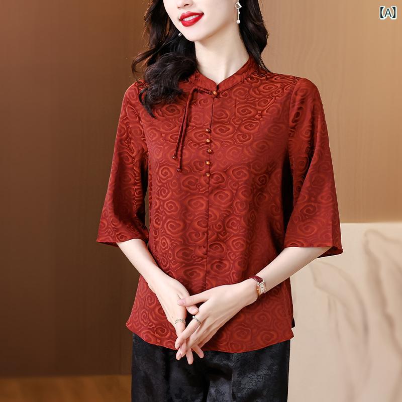 レディース ブラウス カジュアル 婦人服 レディース トップス シャツ ブラウス サテン エレガント スタンドカラー レトロ ユニーク