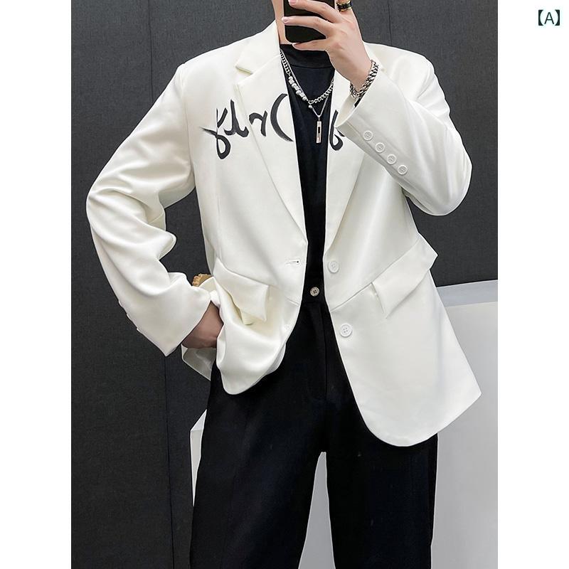 メンズ おしゃれ着 豪華 手描き グラフィティ スーツ メンズ ゆったり 秋 アメリカン レトロ ショルダーパッド スーツ カジュアル