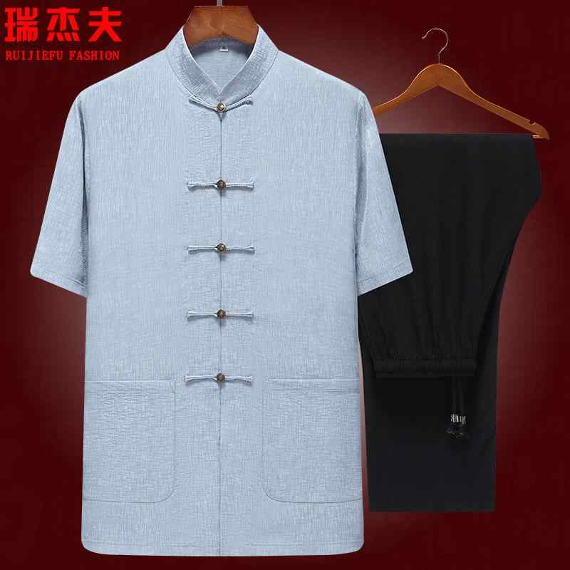 チャイニーズ メンズ ファッション トップス シャツ スーツ セット ロング パンツ ズボン レトロ チャイナ風 唐装 メンズ 漢服 カジュアル 半袖 夏