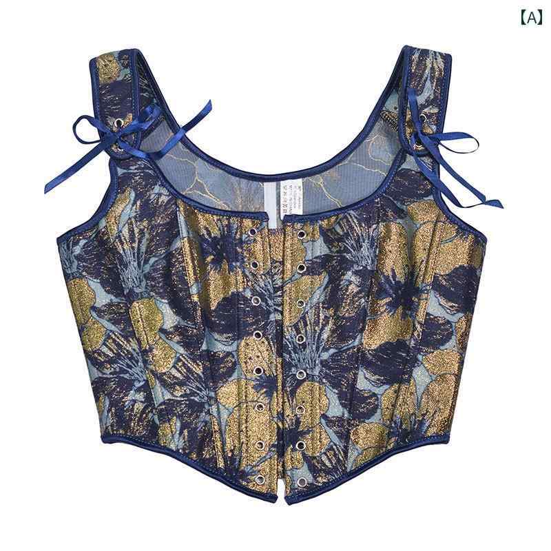 コルセット 中世 コスプレ フレンチ レトロ パレス フロントストラップ Uネック プリント ベスト ブル..
