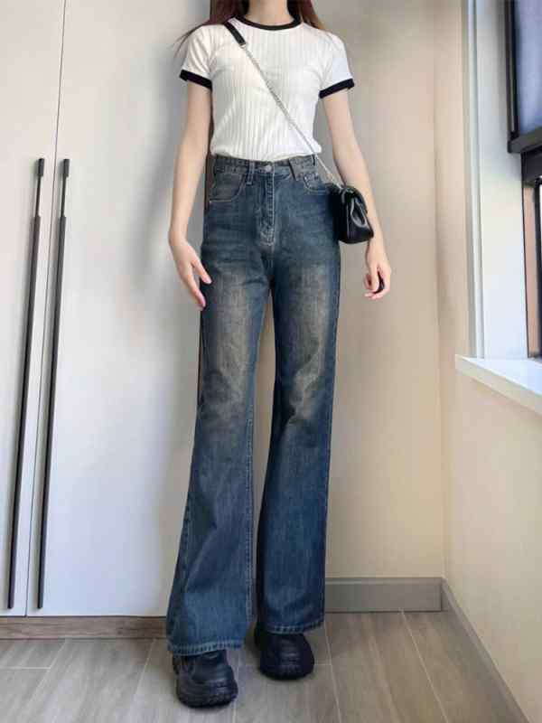 ジーンズ デニムパンツ カジュアル レディース レディース レトロ ウォッシュ加工 ダメージ加工 マイクロフレア 春 ハイウエスト スリミング ワイドレッグ フロアレングスパンツのサムネイル