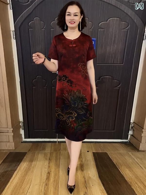 レディース 春夏 半袖花柄ワンピース Aラインミディドレス 細見え 上品 きれいめ おしゃれ マザーズ 婦人服 結婚式 普段使い 会食 旅行 衣装