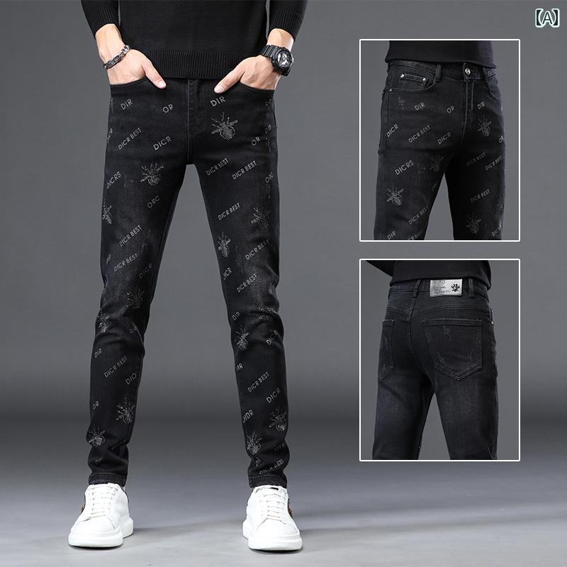 Skinney Pants - デニムパンツ スキニー 刺繍 メンズ ブラック ジーンズ メンズ スリム フィット カジュアル ロング パンツ ストレッチ デニム ストレートレッグ
