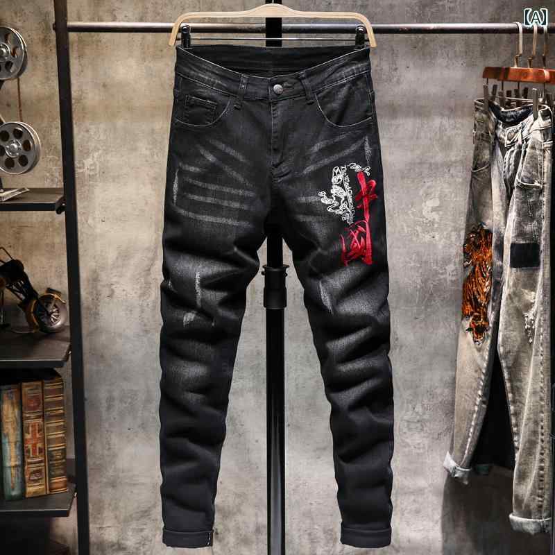 デニムパンツ スキニー オールシーズン 中国 刺繍 ジーンズ メンズ スリム フィット 黒 カジュアル ストレッチ ロング パンツ デニム ウォッシュ加工