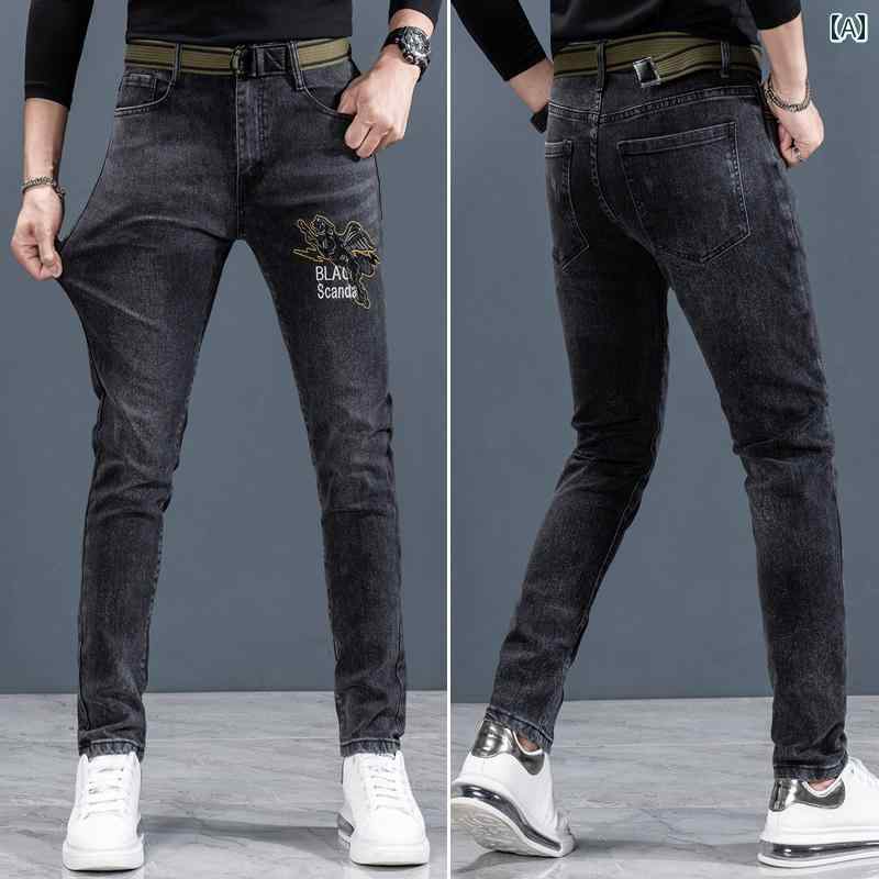 デニムパンツ スキニー 刺繍 ジーンズ メンズ スリム フィット ストレッチ カジュアル ロング パンツ デニム オールシーズン ポケット ウォッシュ加工 ストレート