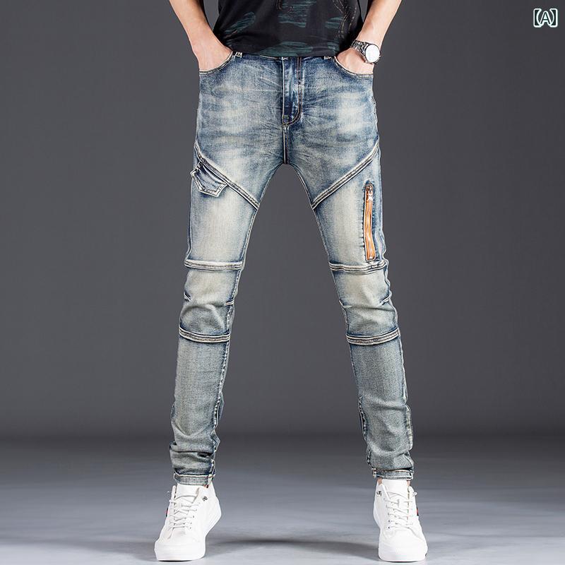Skinney Pants - デニムパンツ スキニー レトロ ストリート ウォッシュ加工 ダメージ ジーンズ メンズ ストレッチ性 スリム フィット カジュアル ロング パンツ ストレッチ デニム ストレート