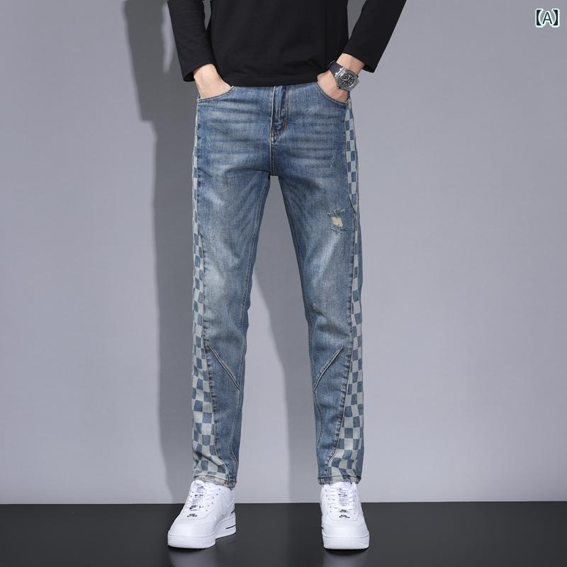 デニムパンツ アメカジ ジーンズ メンズ スプライス スリム ストレート ストリート パンツ オールシーズン ロング パンツ ストレッチ デニム 穴 ウォッシュ