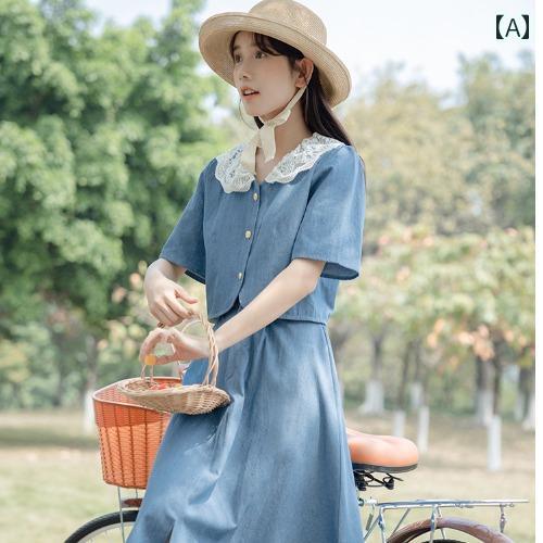 レディース 半袖 デニムシャツ Aライン フレア デニムスカート 細見え くびれ フェミニン カレッジ 上品 きれいめ おしゃれ かわいい デート レジャー アウトドア 海 通学 旅行 仕事着 衣装 女子会 映え