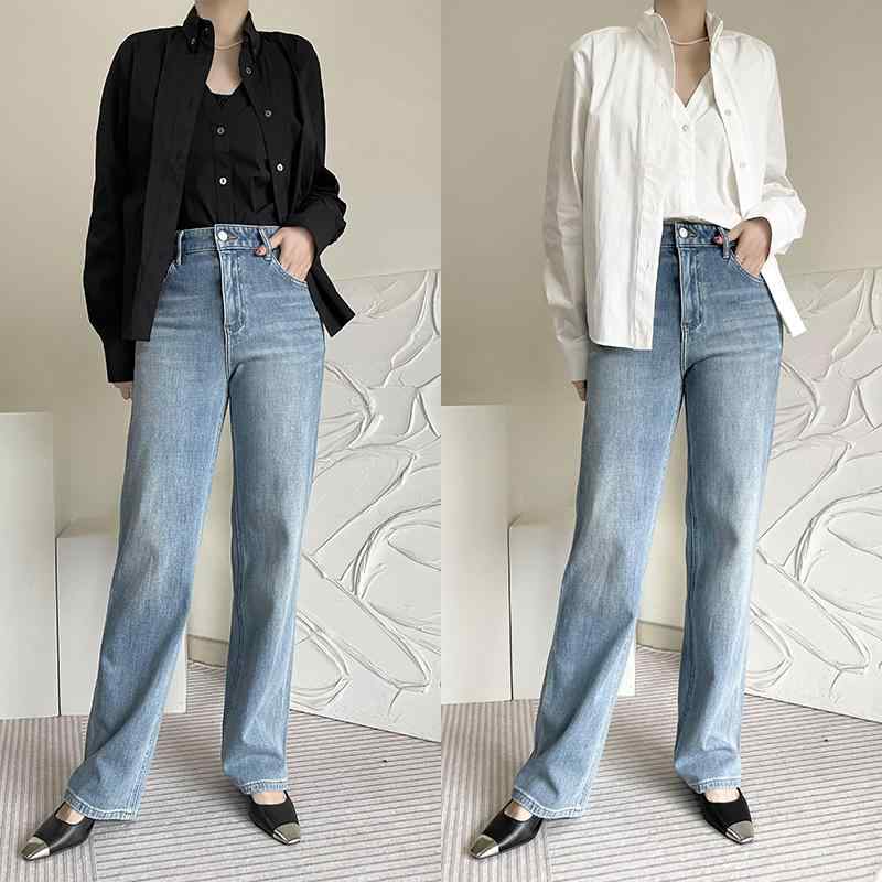 Straight Jeans - レディース ジーンズ デニムパンツ ストレートジーンズ ハイウエスト カジュアル シンプル 通園 通学 スポーツ ホームウェア レディース