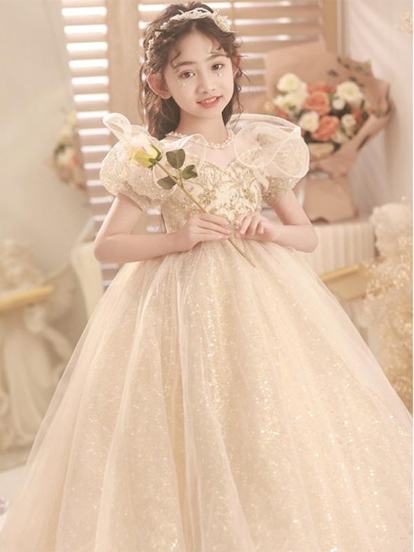 キッズ ゴージャスドレス プリンセス セレモニー バースデー お姫様 ドレス 豪華感 女の子 シャンパンカラー 豪華感 子供 誕生日 プリンセスチュチュ スカート ピアノ 演奏会 発表会