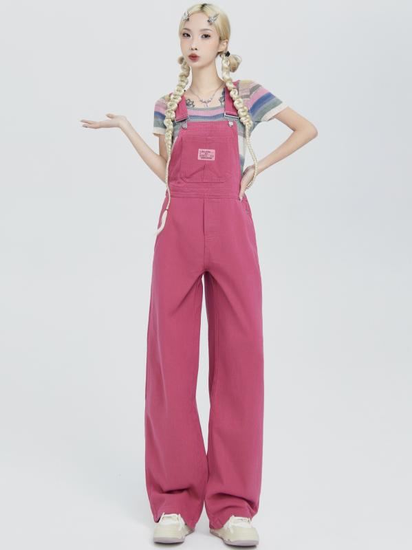 オーバー オール サロペット ストリート レディース 韓国 ガール ピンク ハイウエスト ストレート ワイドレッグ フロア レングス パンツ オールシーズン カジュアル