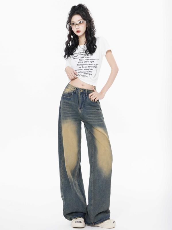 Straight Jeans - デニム パンツ レディース 韓国 アメリカン ダメージ加工 デニム イエロー マッド ジーンズ ハイウエスト ストレート スリム ワイドレッグ フルレングス パンツ オールシーズン