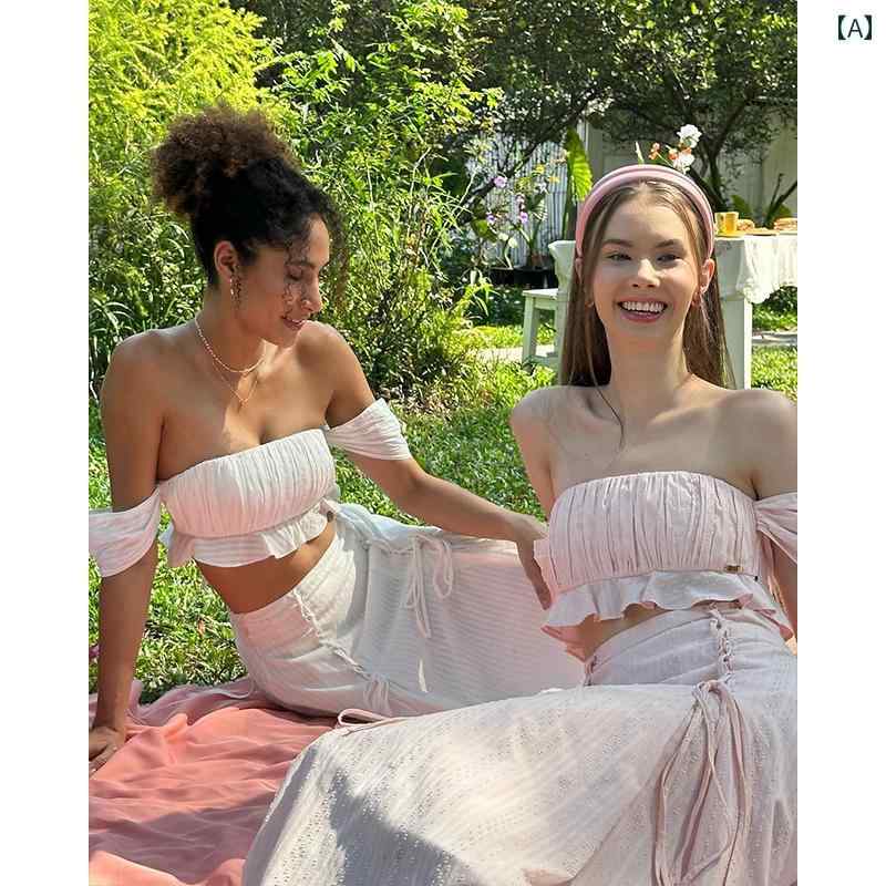 レディース フリル シフォン オフショルダー ショート トップス スリットロングスカート セット お腹見せ 細見え スタイリッシュ かわいい オシャレ レジャー デート イベント フェス パーティー 衣装 旅行 女子会 クラブ 夜 映え