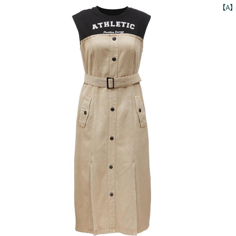 レディース デニムスリット ワンピース Aラインフレアスカート ノースリーブ 細見え 美脚 スタイリッシュ 上品 おしゃれ 可愛 デート パフォーマンス 衣装 レジャー 海 旅行 お揃 普段着 仕事着