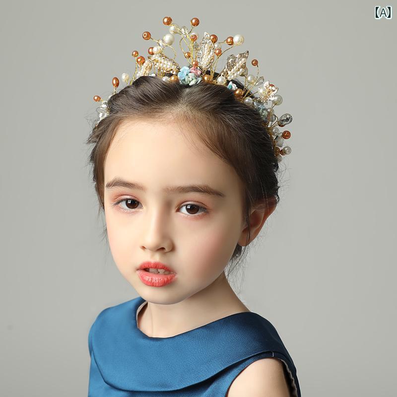 フラワーガール ティアラ プリンセス ヘアバンド イミテーション パール 髪飾り クラウン パフォーマンス ドレス キッズ ヘア アクセサリー カラフル 装飾品