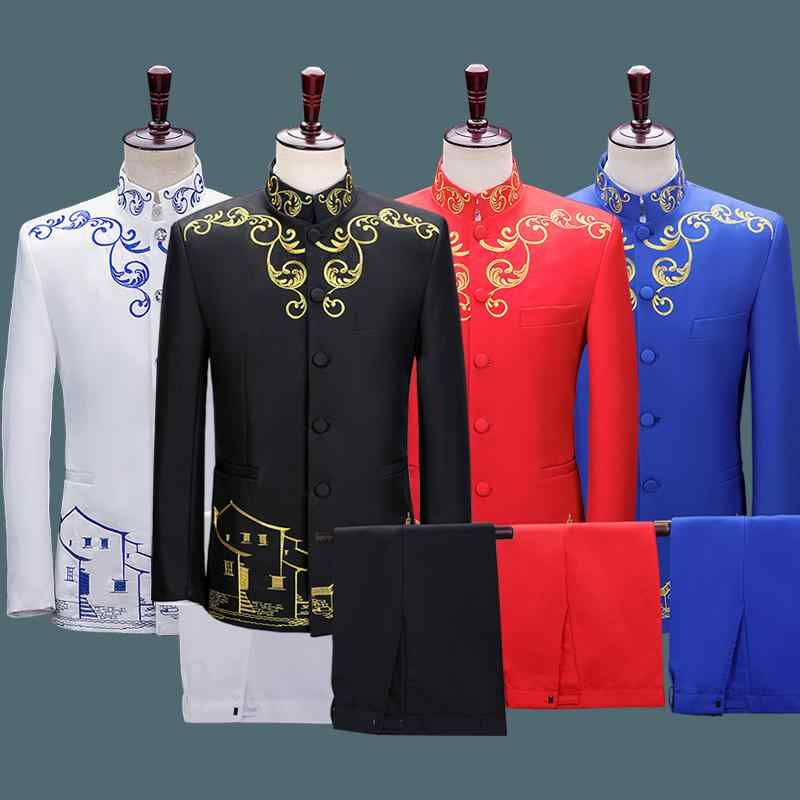 チャイナ風 セットアップ スーツ スタンドカラー 中国 チュニック メンズ 合唱団 競技 ドレス 大人 バンド パフォーマンス 服 ホスト ステージ パフォーマンス 服