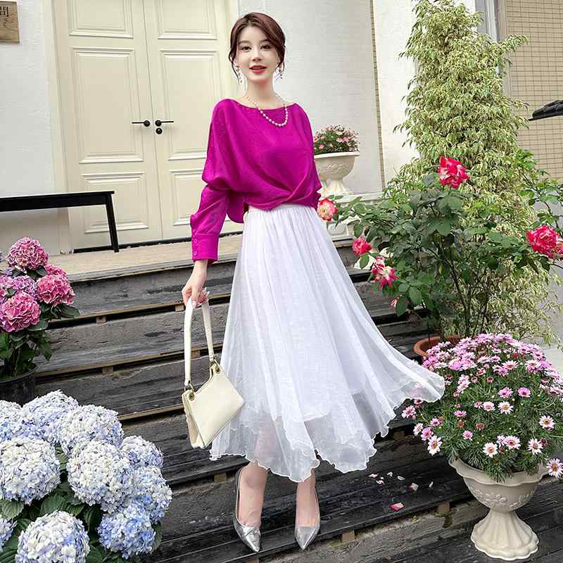 スカート ボトムス レディース おしゃれ シンプル ハイウエスト エレガント 丈 フェアリー 二層 シフォン レディース Aライン ロング フリーサイズ