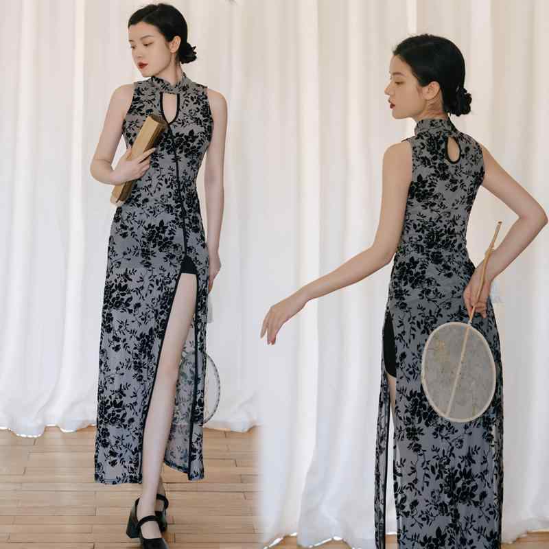 チャイナドレス レディース ワンピース ノースリーブ スリット チャイナ風 ハイスリット ダンス ロング ストレッチ レトロ オブリーク ポリエステル