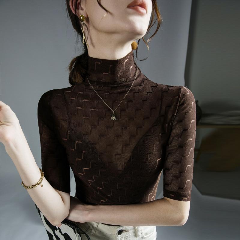社交ダンス トップス シャツ レディース おしゃれ 上品 モダン 秋 モダン ダンス ボトムス 薄手 透け感 メッシュ 練習 大きめサイズ ジオメトリック ハイネック 半袖