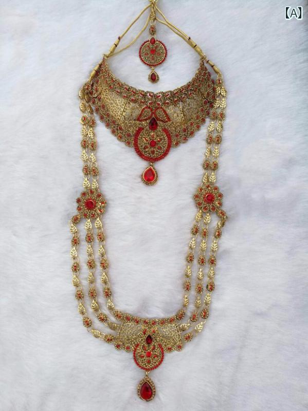 ロングショート ネックレス イヤリング ヘッドウェア ボリウッド 風 エスニック ノーブル ゴールド アクセサリー インディアン 4点 セット レディース 民族