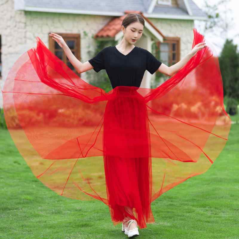 ダンス スカート ボトムス レディース おしゃれ シンプル 720度 ダンス メッシュ ロング パフォーマンス スイング シンプル シースルー 透け感(4)