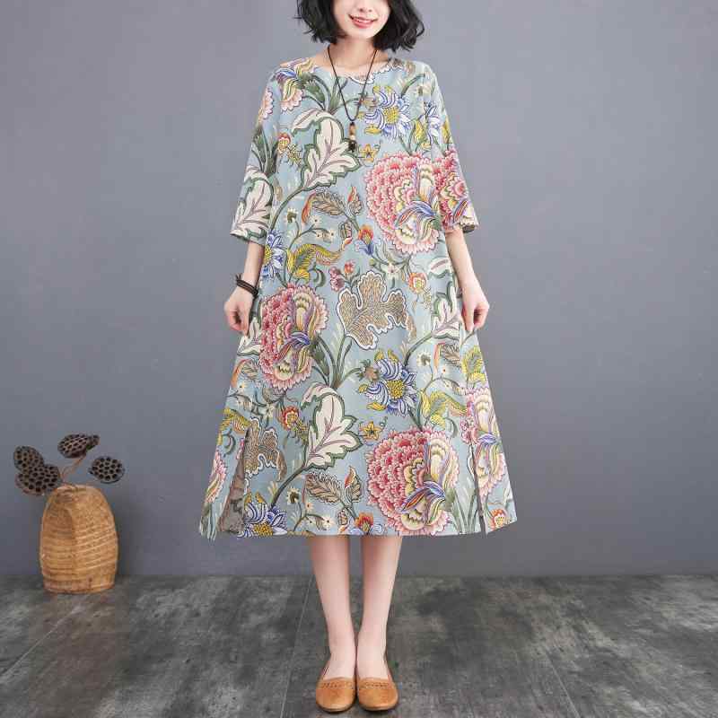 大きめサイズ ワンピ 体型カバー レディース ドレス ワンピース 刺繍 丈 ラウンドネック 七分袖 プリント エレガント