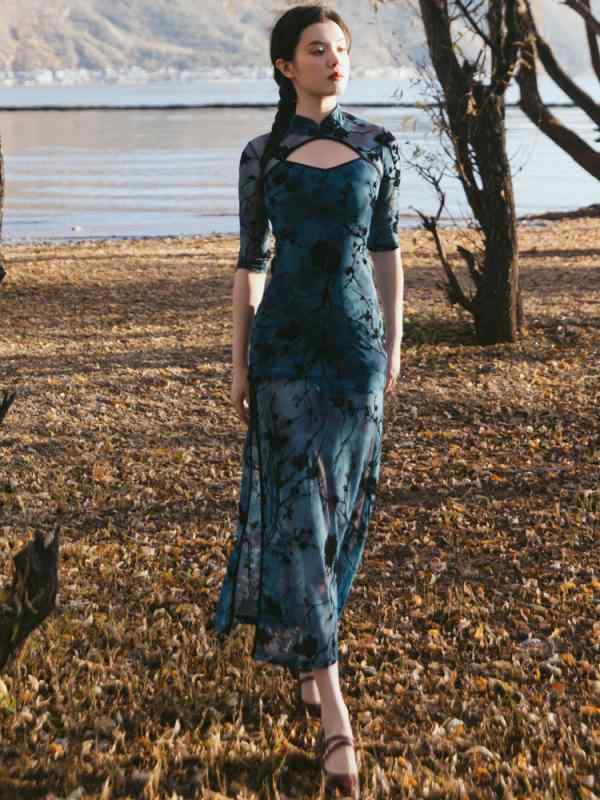 チャイナドレス チャイナ風 シースルー 透け感 レトロ 花柄 ドレス 魅惑 ロング ダンス スカート オブリーク レディース スリット 大きめサイズ