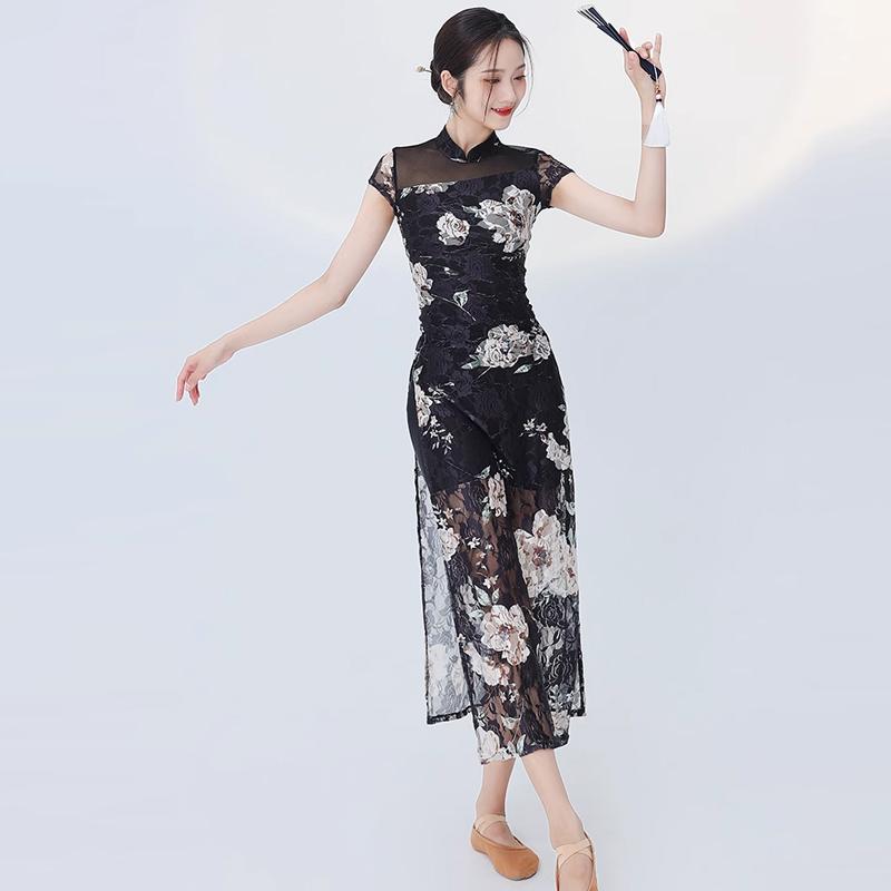 チャイナドレス レディース レトロ 花柄 レース メッシュ ステッチ 半袖 エレガント ハイネック ダンス スカート スリット ロング シースルー 透け感