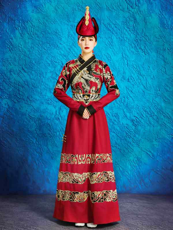 モンゴル ローブ カップル 親子 衣装 赤 花嫁 ウェディングドレス ドレス 民族 舞踊 パフォーマンス ポリエステル レッド 赤