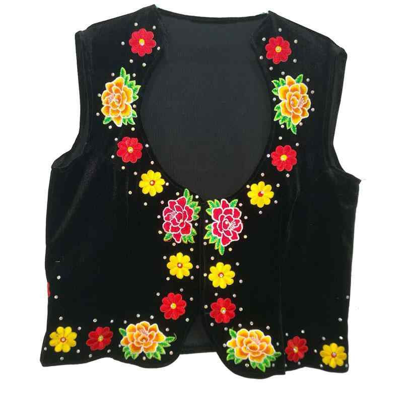ベスト ジレ チョッキ レディース おしゃれ ファッション ウイグル ダンス 練習 レディース 黒 ブラック パフォーマンス レトロ 花柄