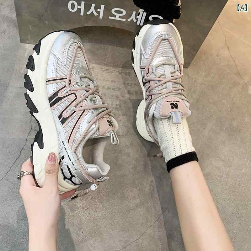 スポーツ シューズ 運動靴 レディース 婦人 ファッション 靴 オールシーズン レースアップ クロス ストラップ ミディアム ヒール ラウンドトゥ メッシュ