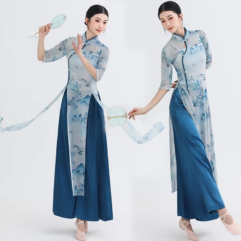 チャイナドレス レトロ 舞踊 パフォーマンス 練習 レディース チャイナ風 エスニック ダンス ゆったり ワイドレッグ パンツ レディース ブルー セット