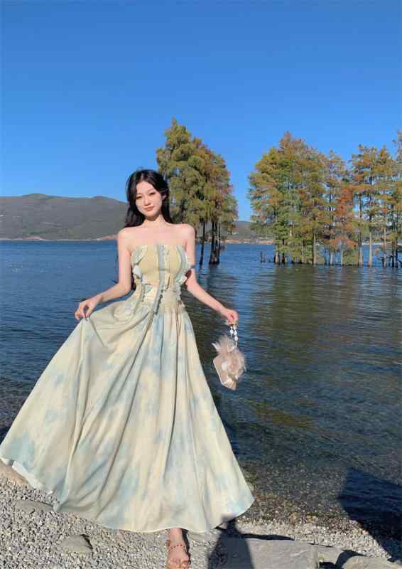 夏 ファッション 中国風 おしゃれ フランス 魅惑 バックレス 海辺 休暇 リゾート ドレス フェアリー お姫様 夏 ビーチ ロング ドレス